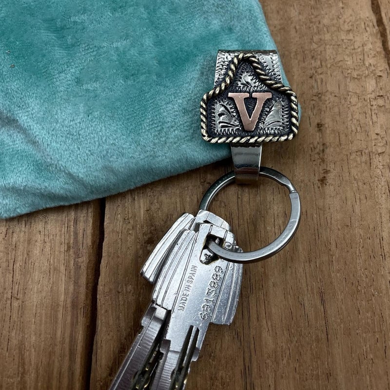 Handmade Cow Tag Belt Key Holder with Custom Initial.