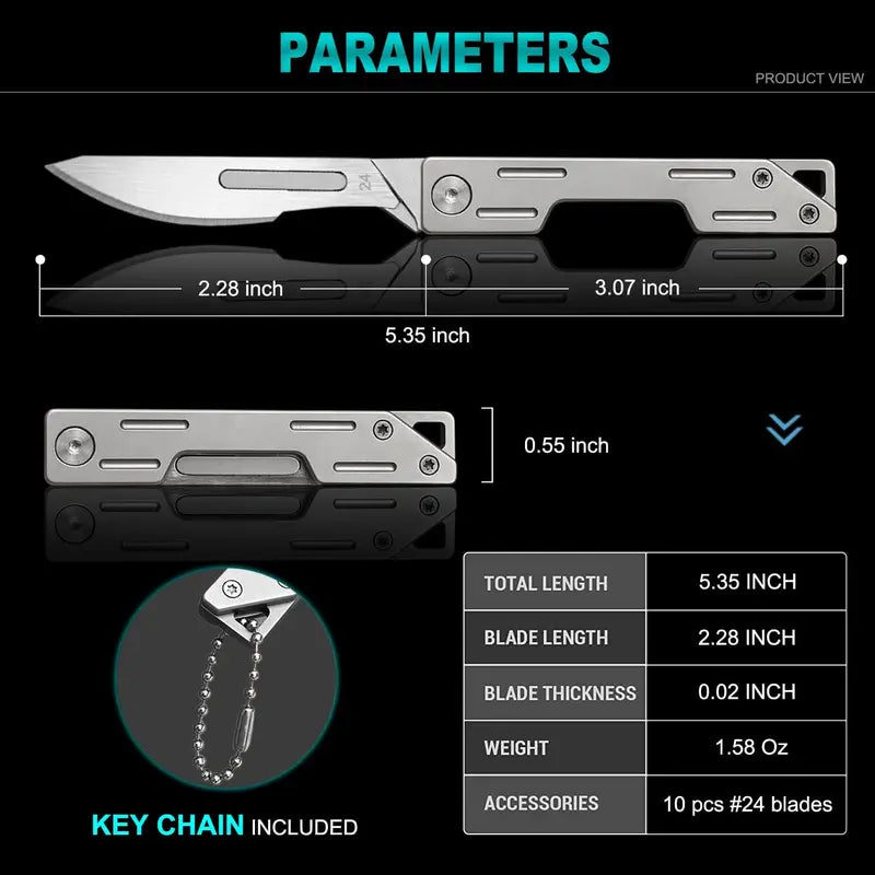 Folding Scalpel Knife with 10 Blades, coin pocket size for Outdoor Camping, DIY Projects & Daily Office Carry