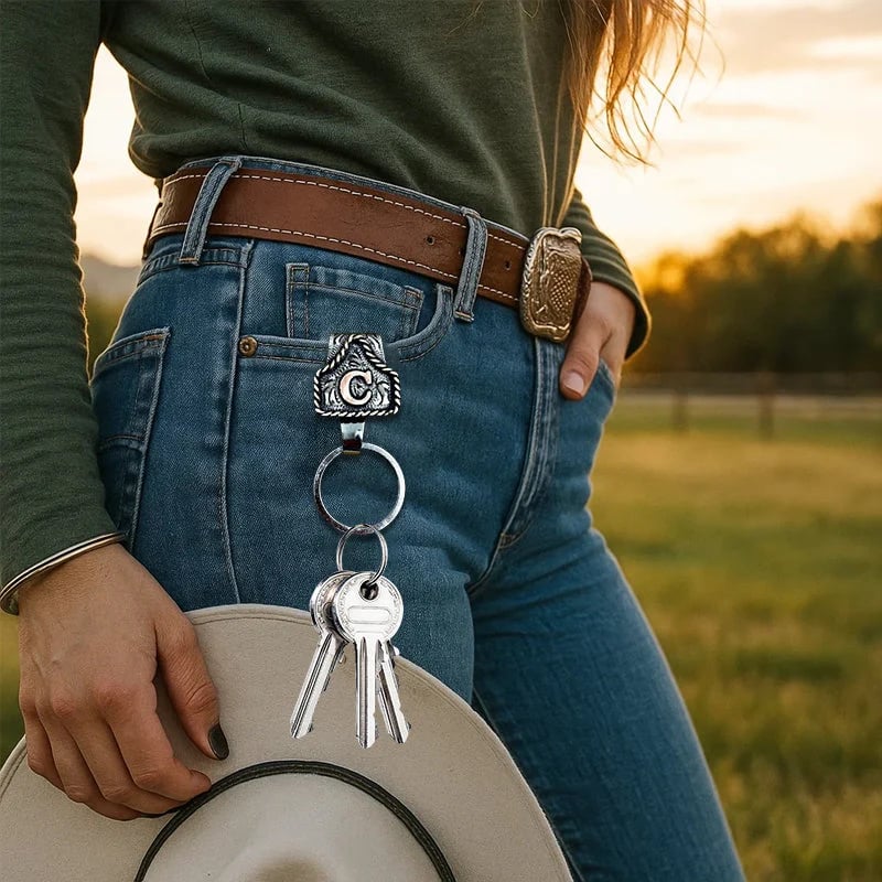 Handmade Cow Tag Belt Key Holder with Custom Initial.