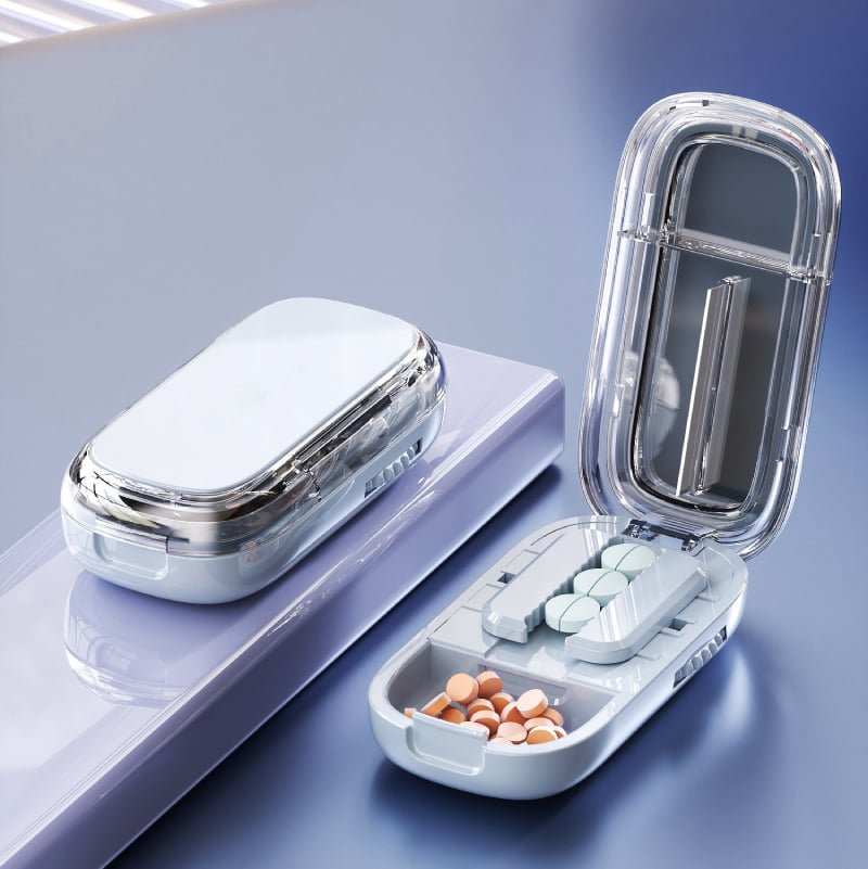 Japanese-Designed Adjustable Pill Splitter Box - Medicine Cutter for 1/4, 1/2 Doses | Portable Tablet Organizer(Fits Multiple Pill Sizes)