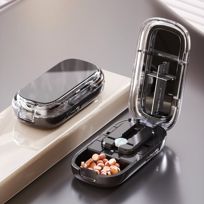 Japanese-Designed Adjustable Pill Splitter Box - Medicine Cutter for 1/4, 1/2 Doses | Portable Tablet Organizer(Fits Multiple Pill Sizes)