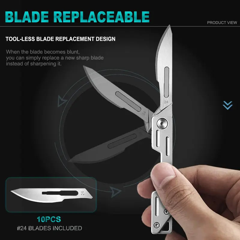 Folding Scalpel Knife with 10 Blades, coin pocket size for Outdoor Camping, DIY Projects & Daily Office Carry