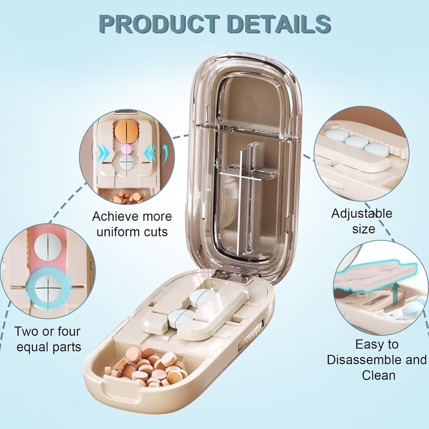 Japanese-Designed Adjustable Pill Splitter Box - Medicine Cutter for 1/4, 1/2 Doses | Portable Tablet Organizer(Fits Multiple Pill Sizes)