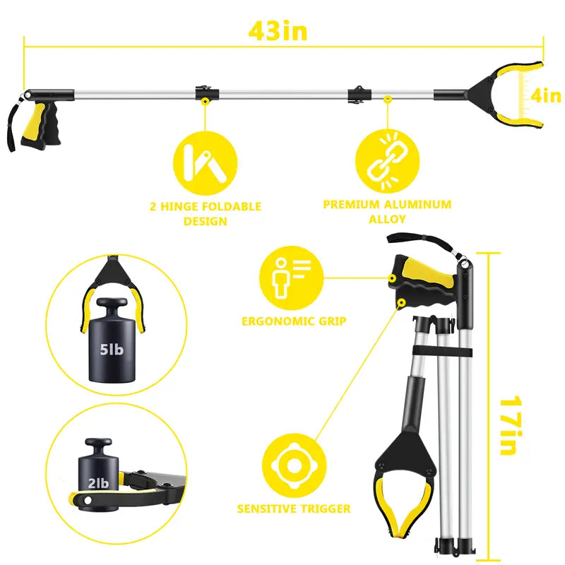 43" Extra Long Grabber Reacher Tool, Grabbers for Seniors Grab it Reaching Tool w/Anti-Drop Cord, Lightweight Trash Grabber Pickup Tool 360°Rotating Jaw +Magnets, Heavy Duty Foldable Grabber