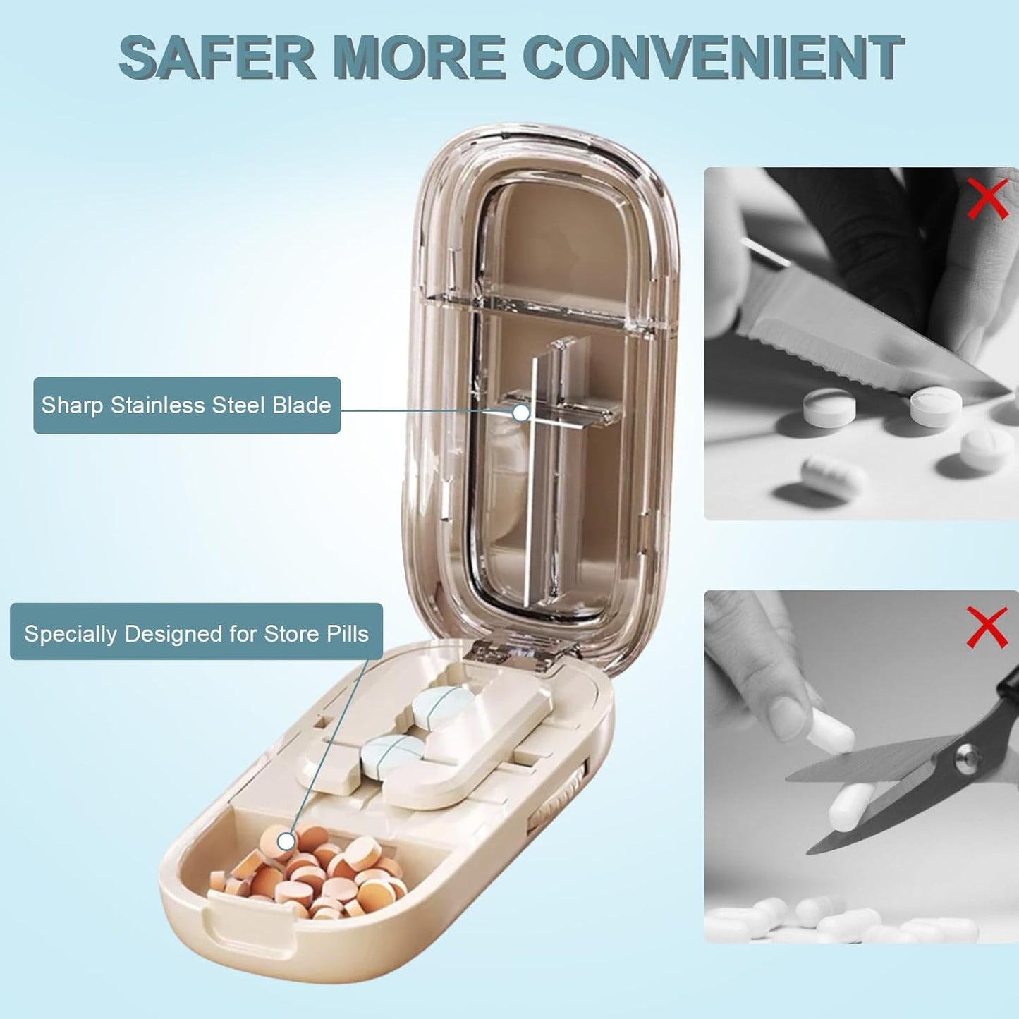 Japanese-Designed Adjustable Pill Splitter Box - Medicine Cutter for 1/4, 1/2 Doses | Portable Tablet Organizer(Fits Multiple Pill Sizes)