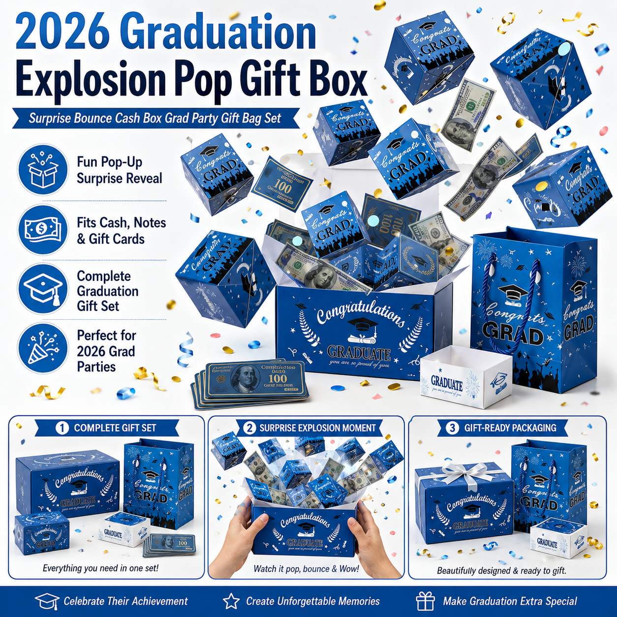 2026 Graduation Explosion Pop Gift Box 🎓 Surprise Bounce Cash Box Grad Party Gift Bag Set