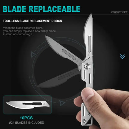 Folding Scalpel Knife with 10 Blades, coin pocket size for Outdoor Camping, DIY Projects & Daily Office Carry