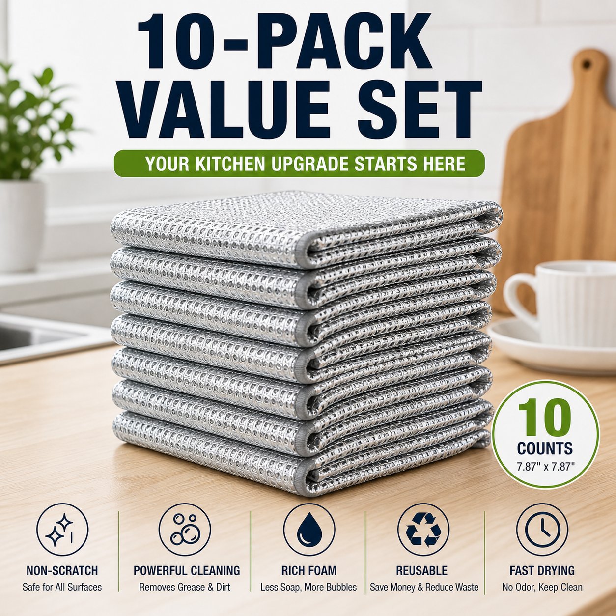🧽10-Pack Reusable Non-Scratch Wire Dishcloths for Kitchen Cleaning