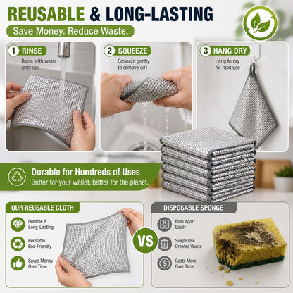🧽10-Pack Reusable Non-Scratch Wire Dishcloths for Kitchen Cleaning